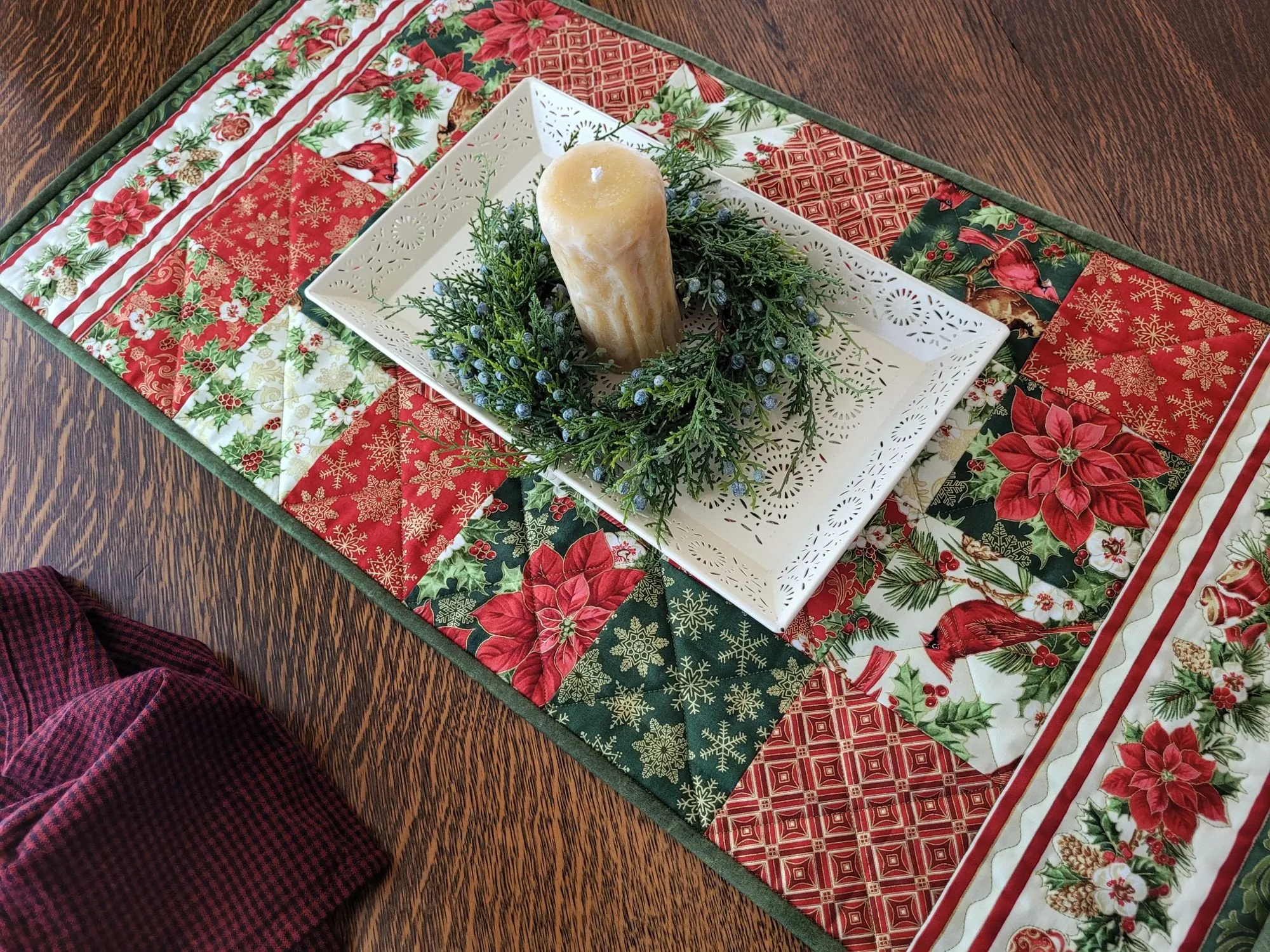 Christmas Cardinal Table Runner Quilt | Holiday Decor with Holly and Poinsettias