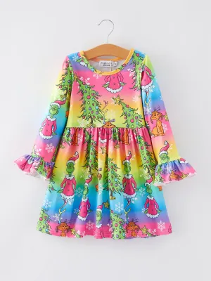 Christmas Cartoon Characters Print Rainbow Girls Dress