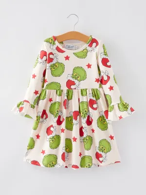 Christmas Cartoon Characters Stars Print Girls Dress