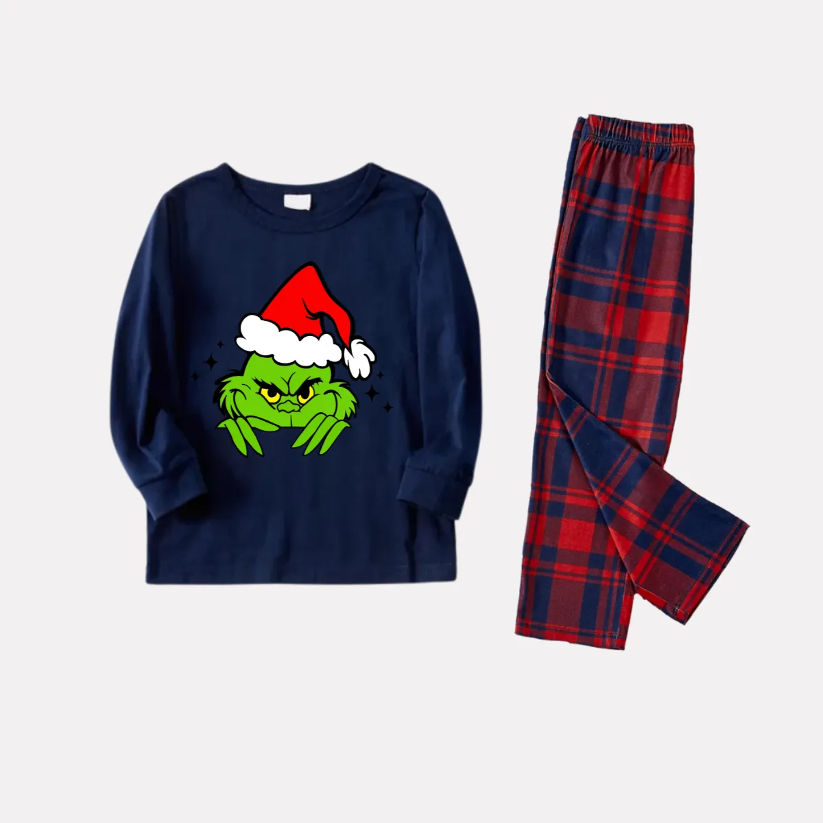 Christmas Cartoon Print Blue Long Sleeve Top with Red & Blue Plaid Christmas Family Matching Pajamas