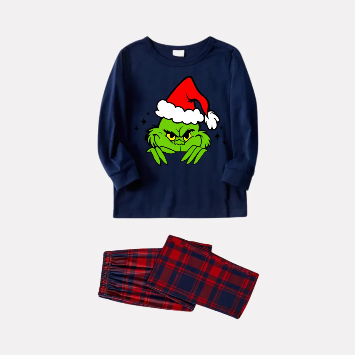 Christmas Cartoon Print Blue Long Sleeve Top with Red & Blue Plaid Christmas Family Matching Pajamas