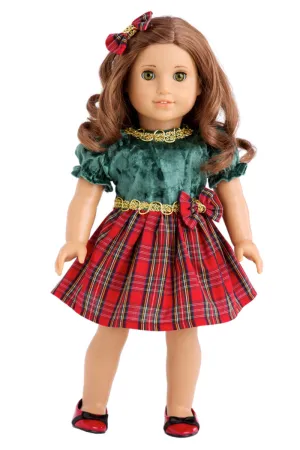 Christmas Classic - Clothes for 18 inch Doll - Green and Red Holiday Party Dress with Red Shoes and Bow