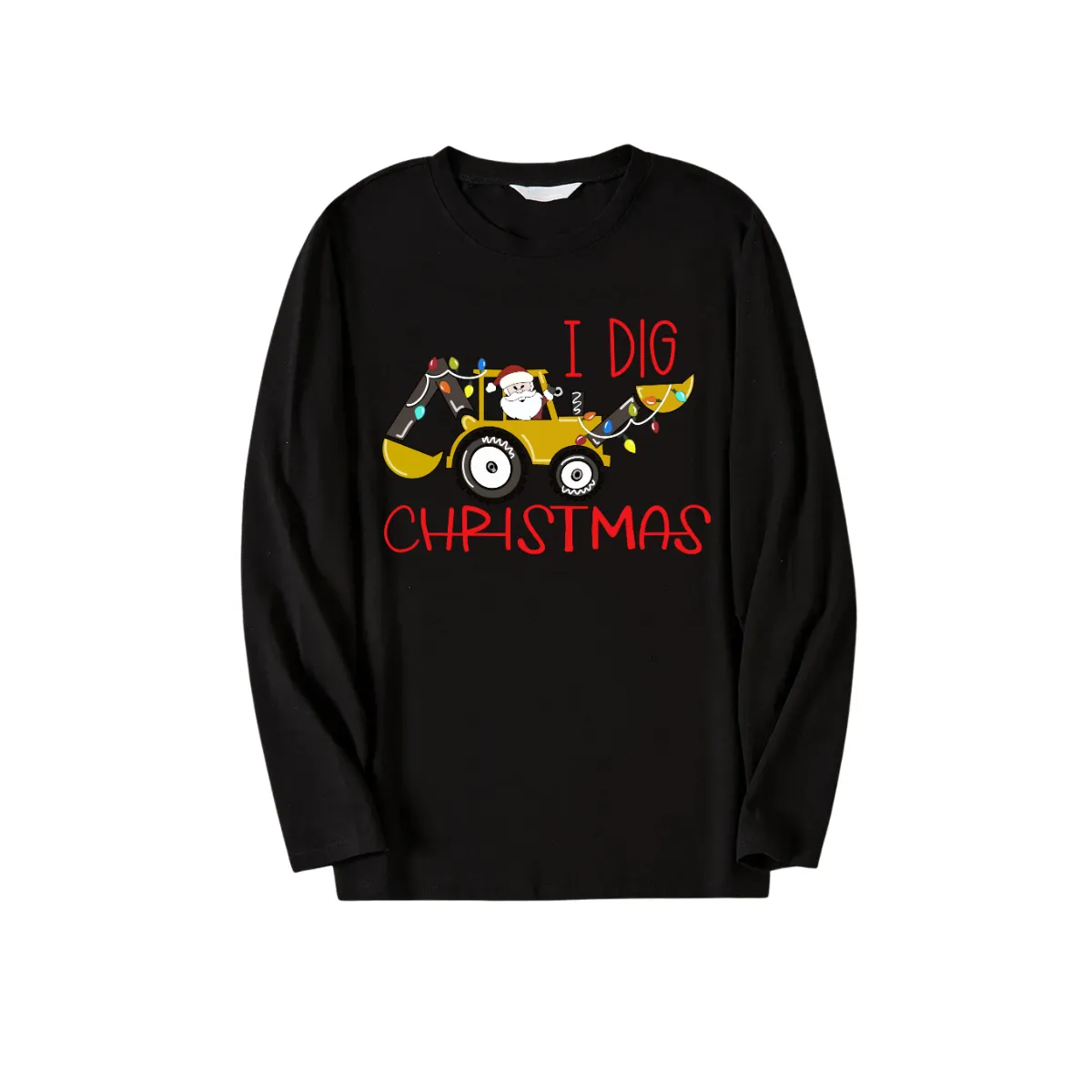 Christmas Excavator and Text Print Black Long Sleeve Top with Blue & Black Plaid Family Matching Pajamas