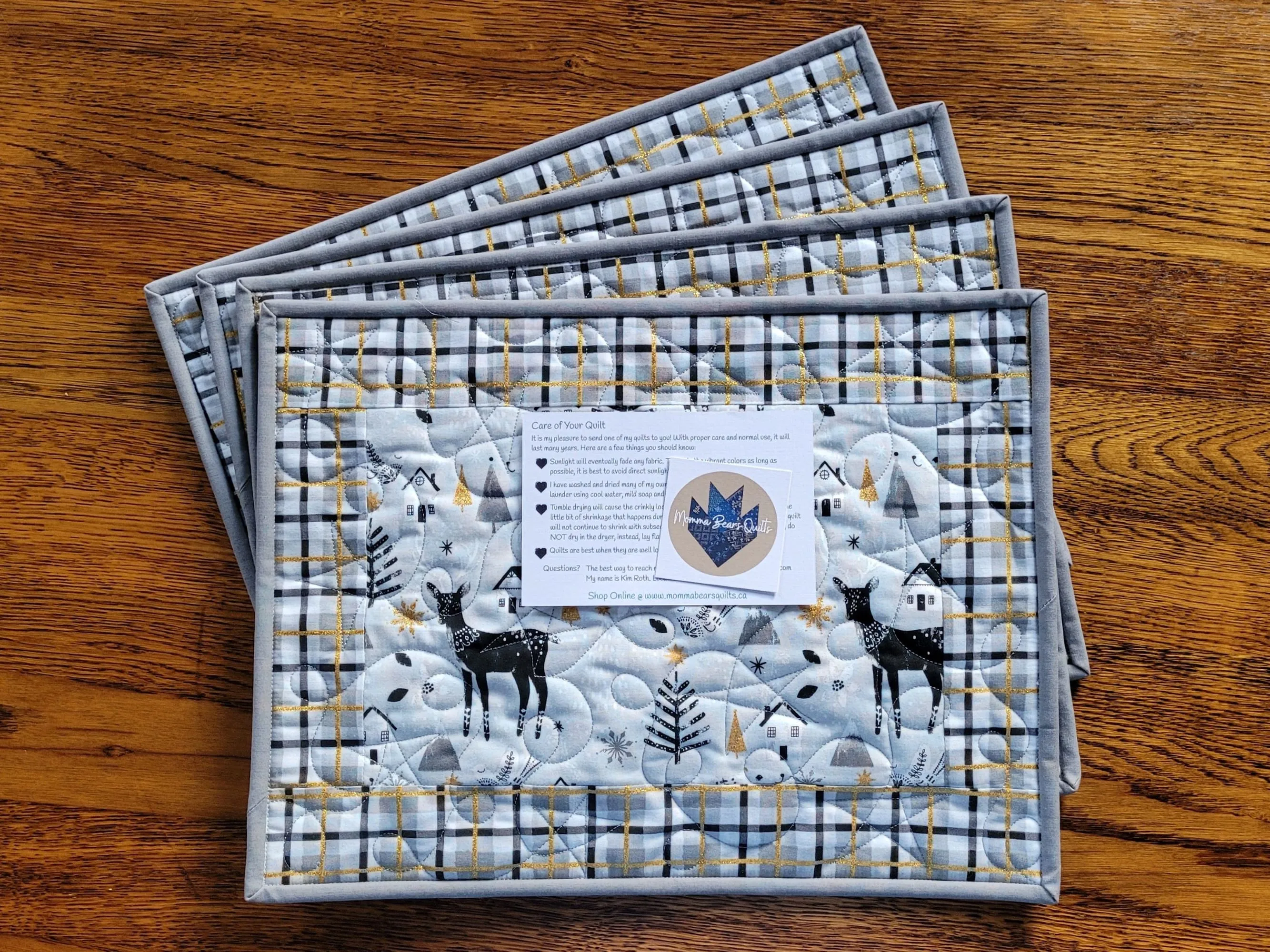 Christmas Placemats | Quilted Plaid Table Mats with Reindeer, Winter Trees and Gold Metallic Accents