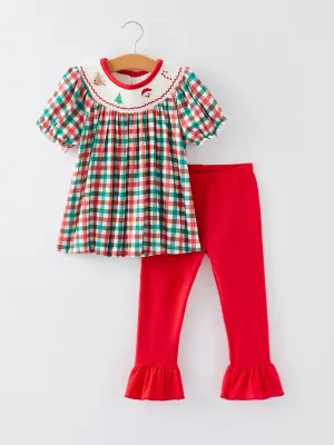 Christmas Plaid Smocking Embroidered Girls Outfits Set