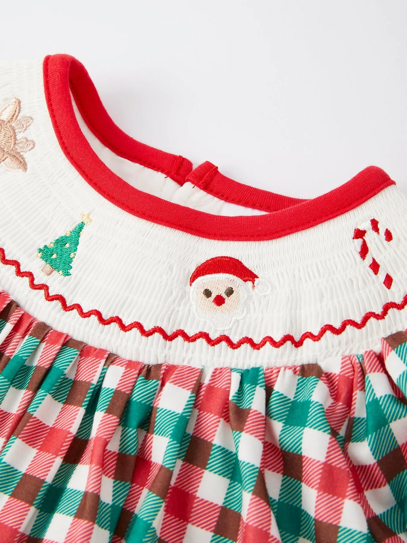 Christmas Plaid Smocking Embroidered Girls Outfits Set