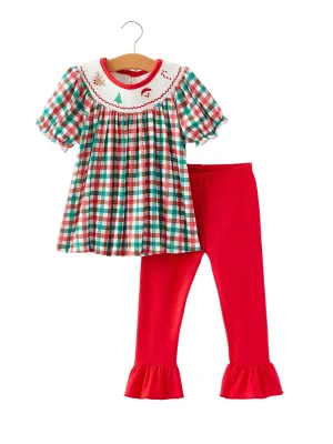 Christmas Plaid Smocking Embroidered Girls Outfits Set