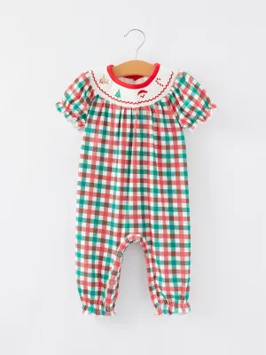 Christmas Plaid Smocking Embroidered Girls Romper