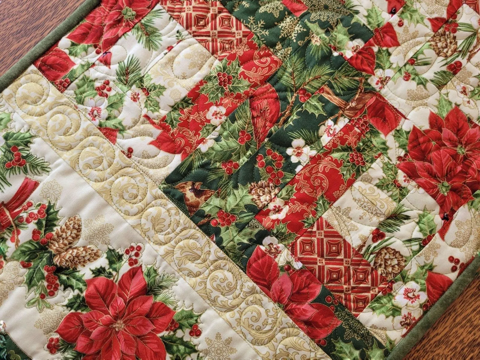 Christmas Poinsettia Table Runner Quilt | Holiday Decor with Holly and Cardinals