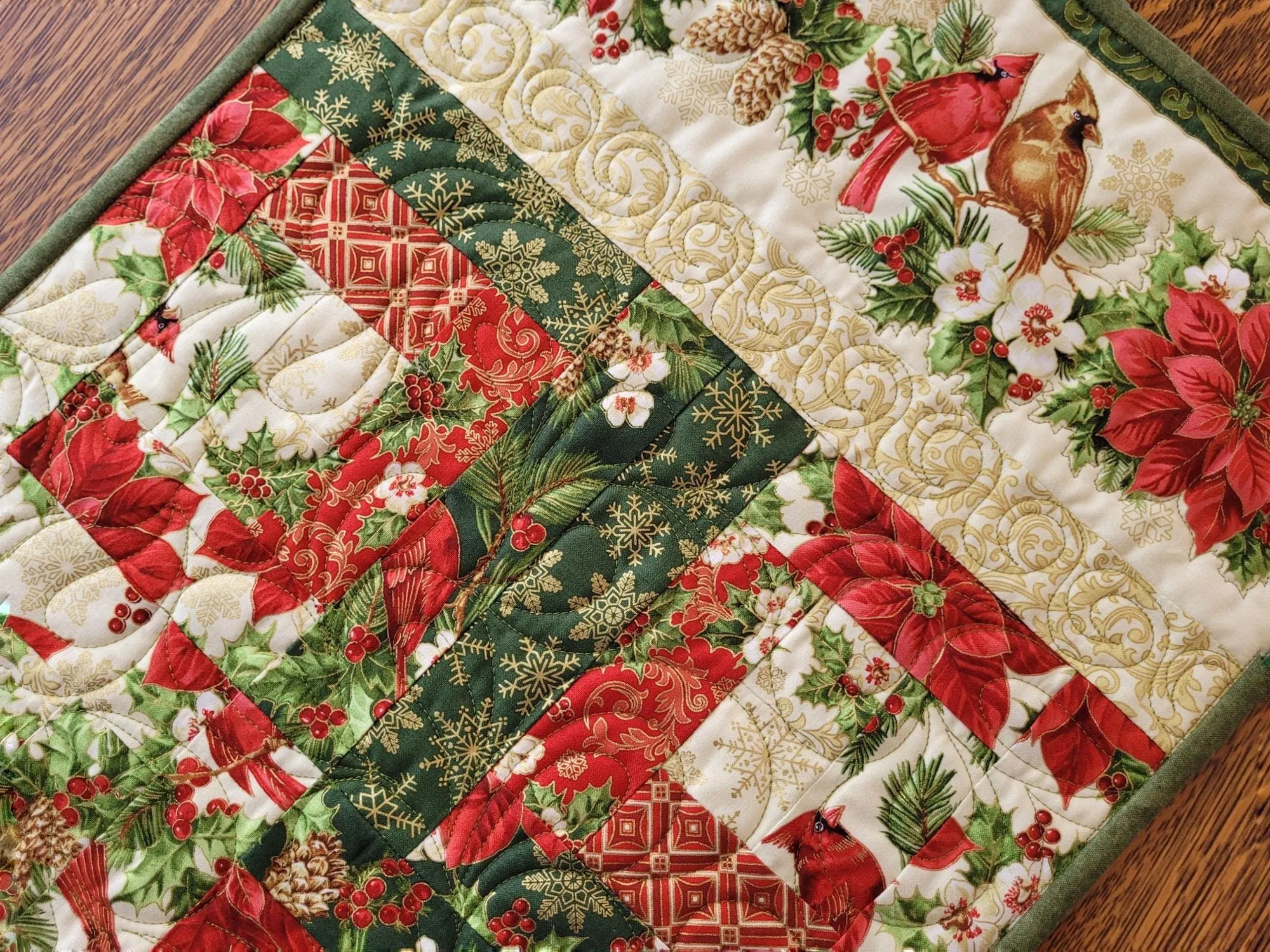 Christmas Poinsettia Table Runner Quilt | Holiday Decor with Holly and Cardinals