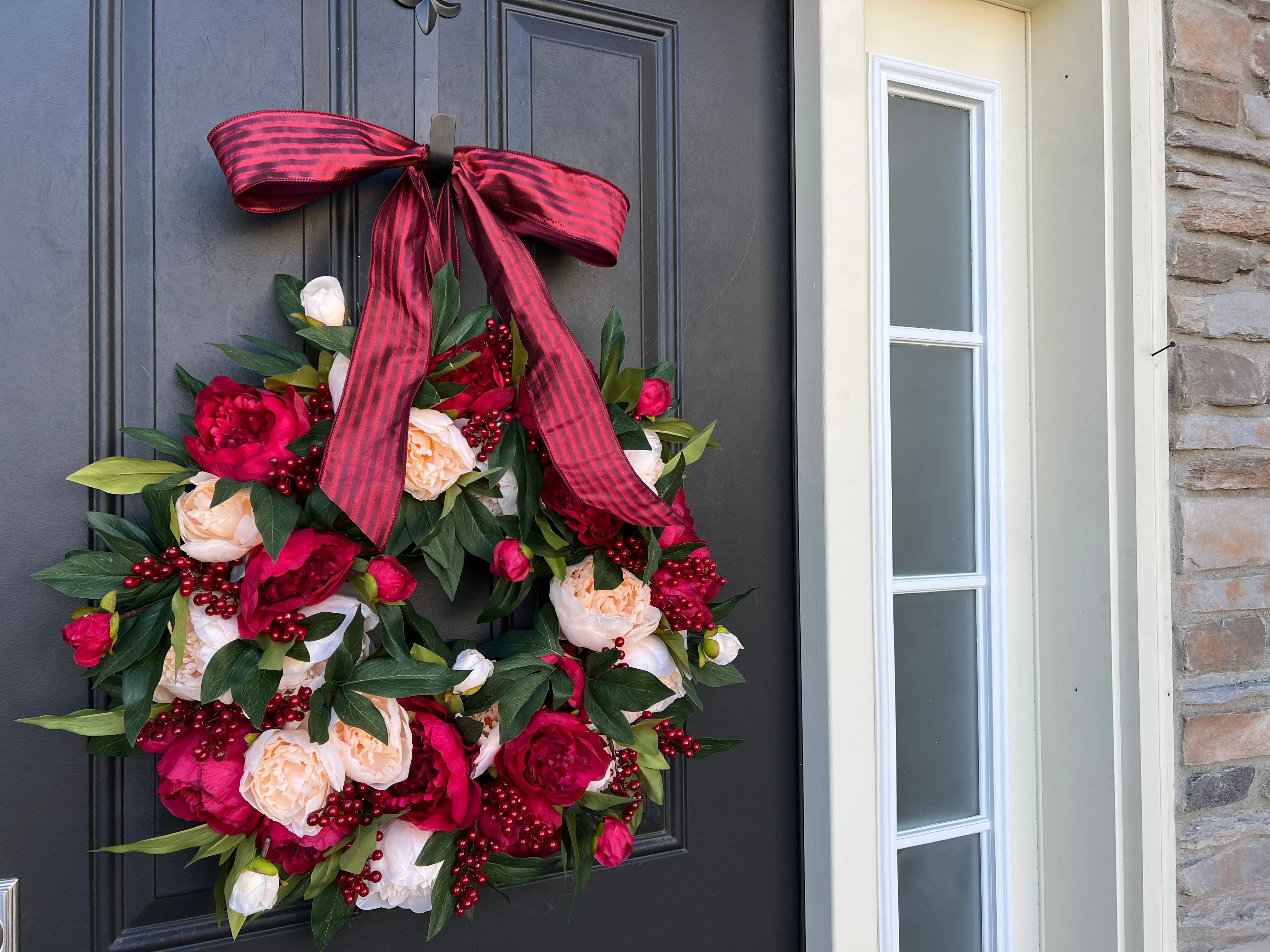 Christmas Red and Cream Peony Wreath with Red Berries