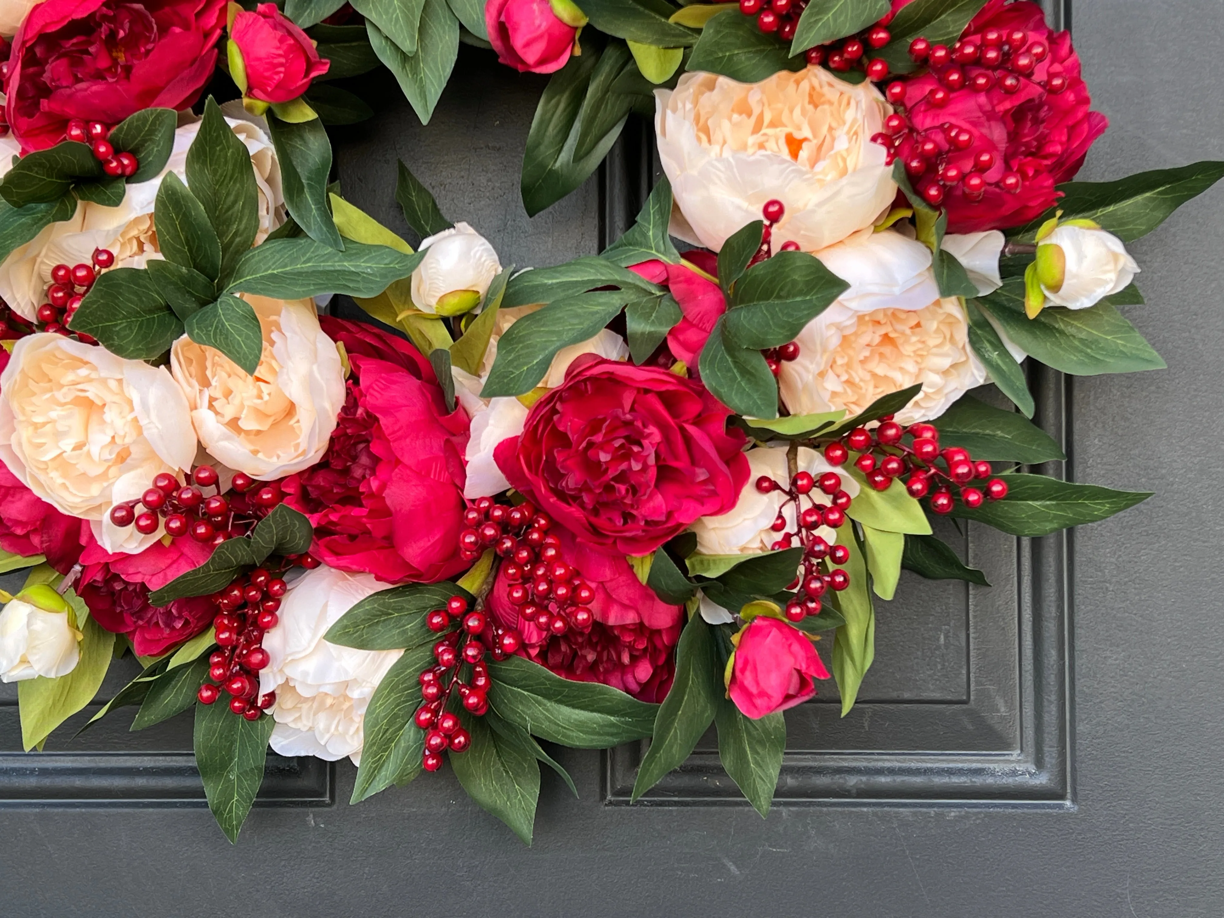 Christmas Red and Cream Peony Wreath with Red Berries