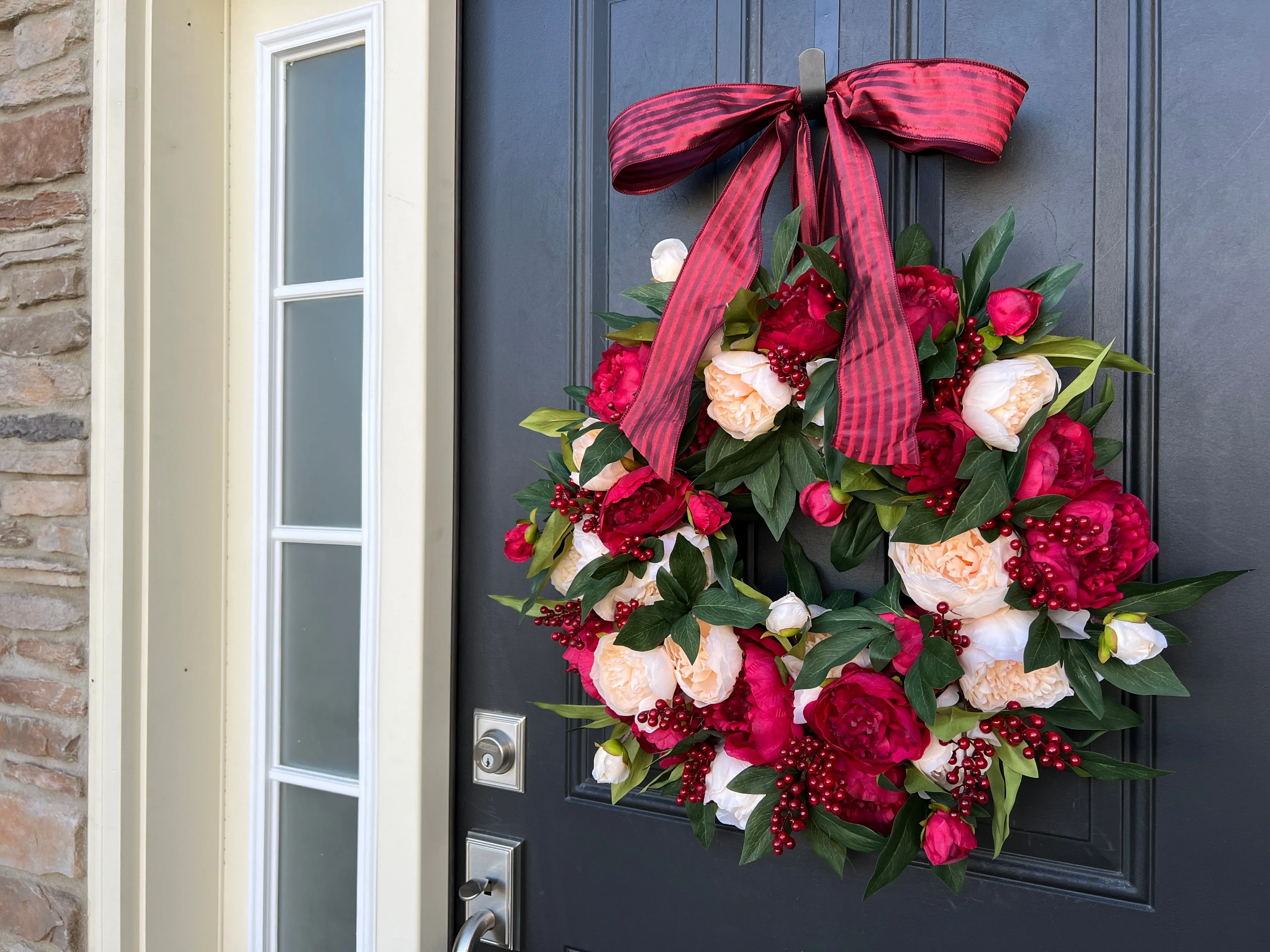 Christmas Red and Cream Peony Wreath with Red Berries