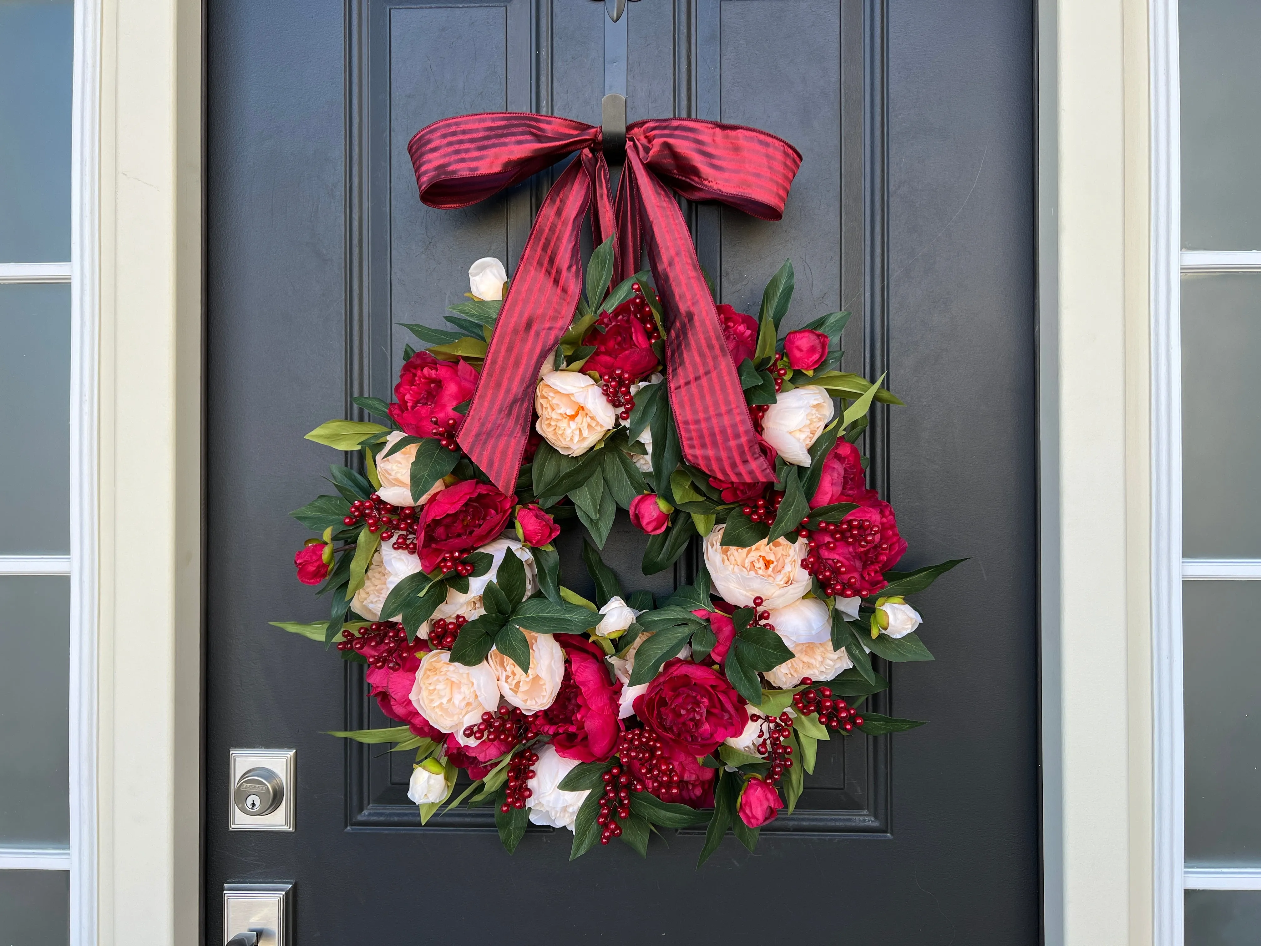 Christmas Red and Cream Peony Wreath with Red Berries