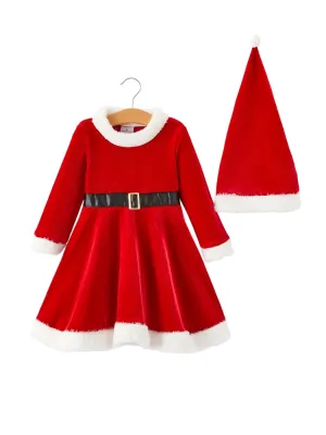 Christmas Red Velvet Girls Dress With Hat