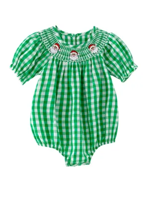 Christmas Santa Claus Smocking Green Plaid Embroidery Baby Girls Romper