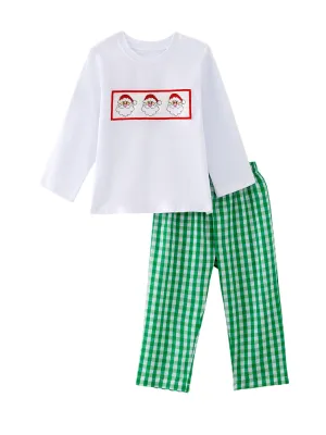 Christmas Santa Claus Smocking Green Plaid Embroidery Set