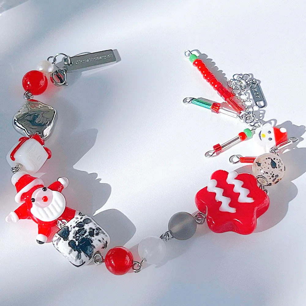 Christmas Santa Jewelry Handmade Charm Bracelet with Murano Glass Gemstones