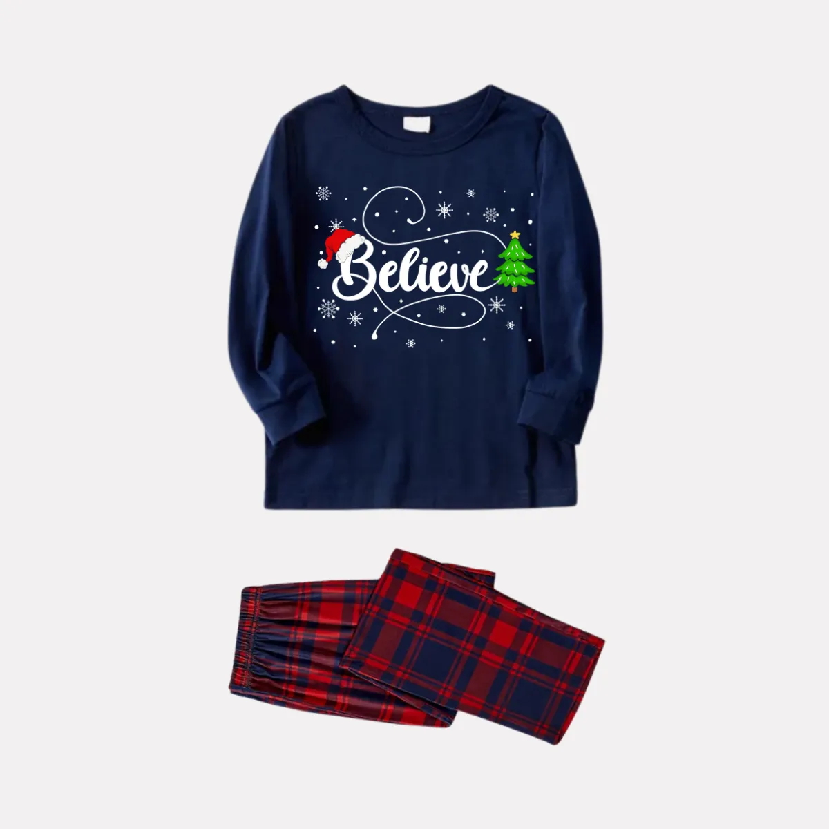 Christmas Tree and Believe Text Print Blue Long Sleeve Top with Red & Blue Plaid Family Matching Pajamas