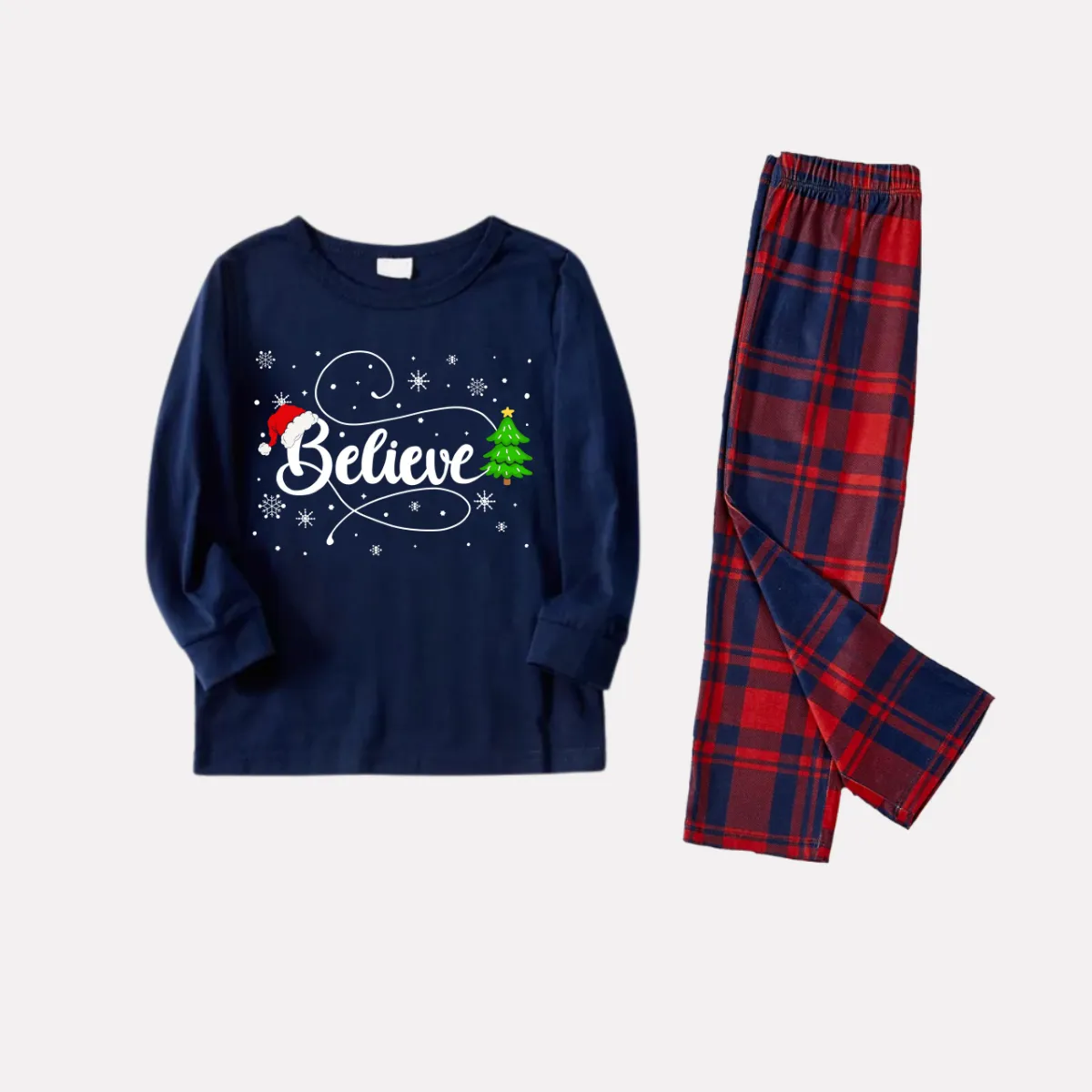 Christmas Tree and Believe Text Print Blue Long Sleeve Top with Red & Blue Plaid Family Matching Pajamas