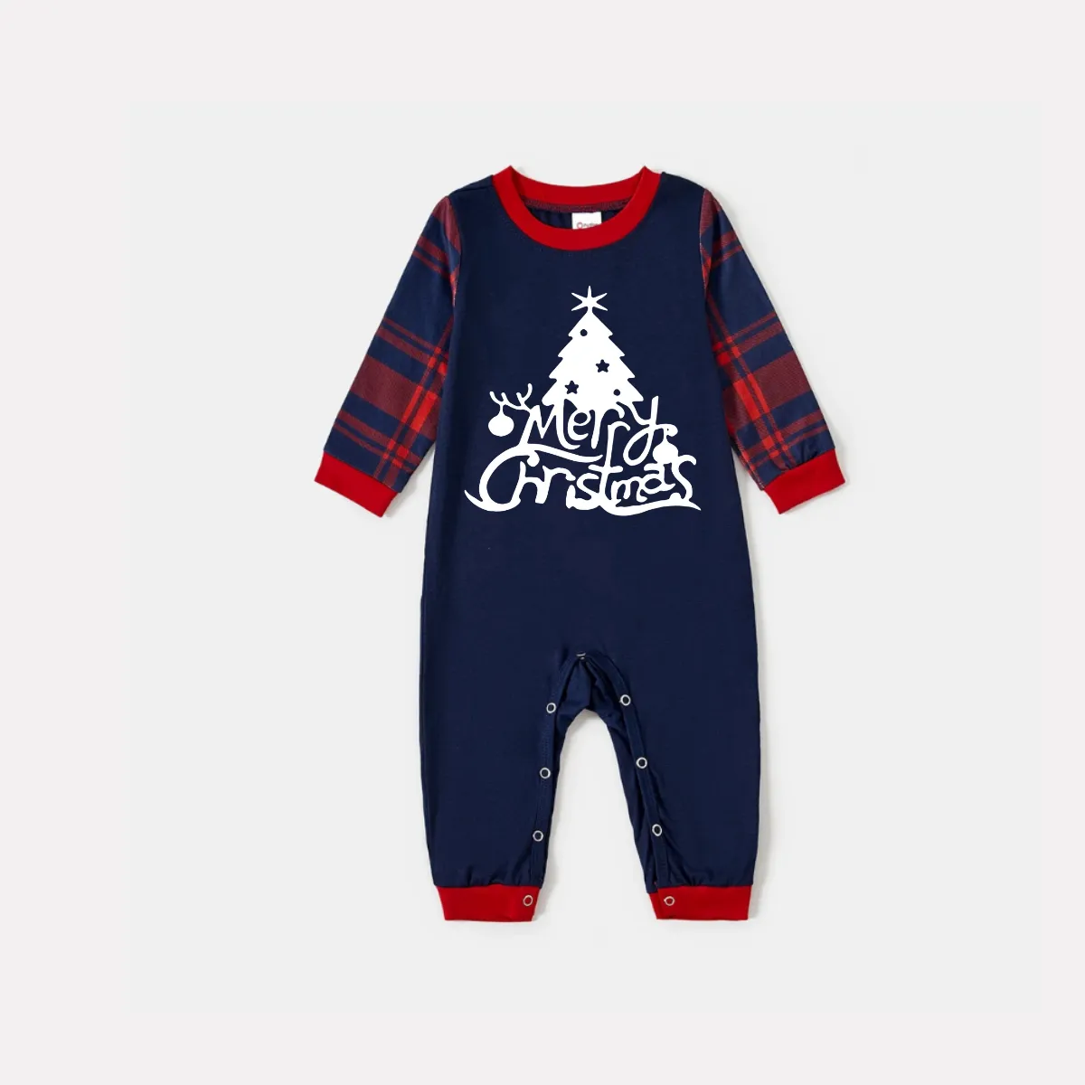 Christmas Tree and Merry Christmas Letter Print Blue Long Sleeve Top with Red & Blue Plaid Christmas Family Matching Pajamas