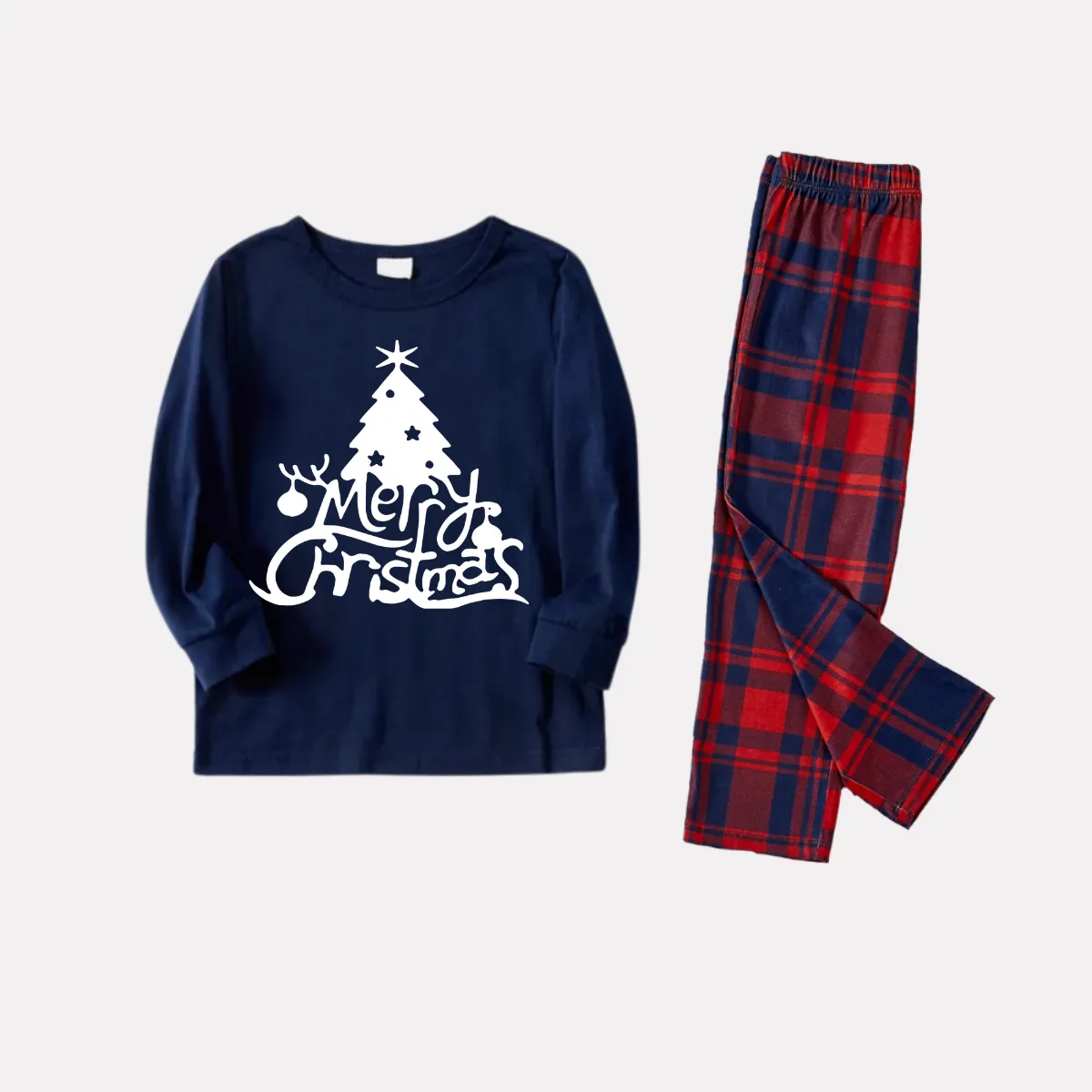 Christmas Tree and Merry Christmas Letter Print Blue Long Sleeve Top with Red & Blue Plaid Christmas Family Matching Pajamas