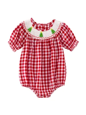 Christmas Tree Smocking Embroidered Girls Romper