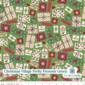 Christmas Village Pretty Presents Green Cotton Fabric by Katherine Lenius | Riley Blake Designs