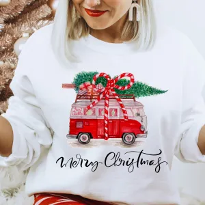 Christmas Vintage Van Crewneck Sweatshirt Women's Christmas Pullover Christmas Retro Van Crewneck Warm Cozy Gildan Pullover