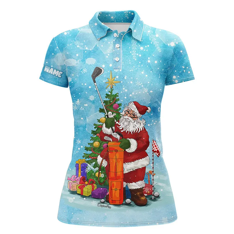 Christmas Womens sleeveless polo shirt blue snow winter Santa golfer, Christmas golf gift for women