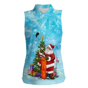 Christmas Womens sleeveless polo shirt blue snow winter Santa golfer, Christmas golf gift for women