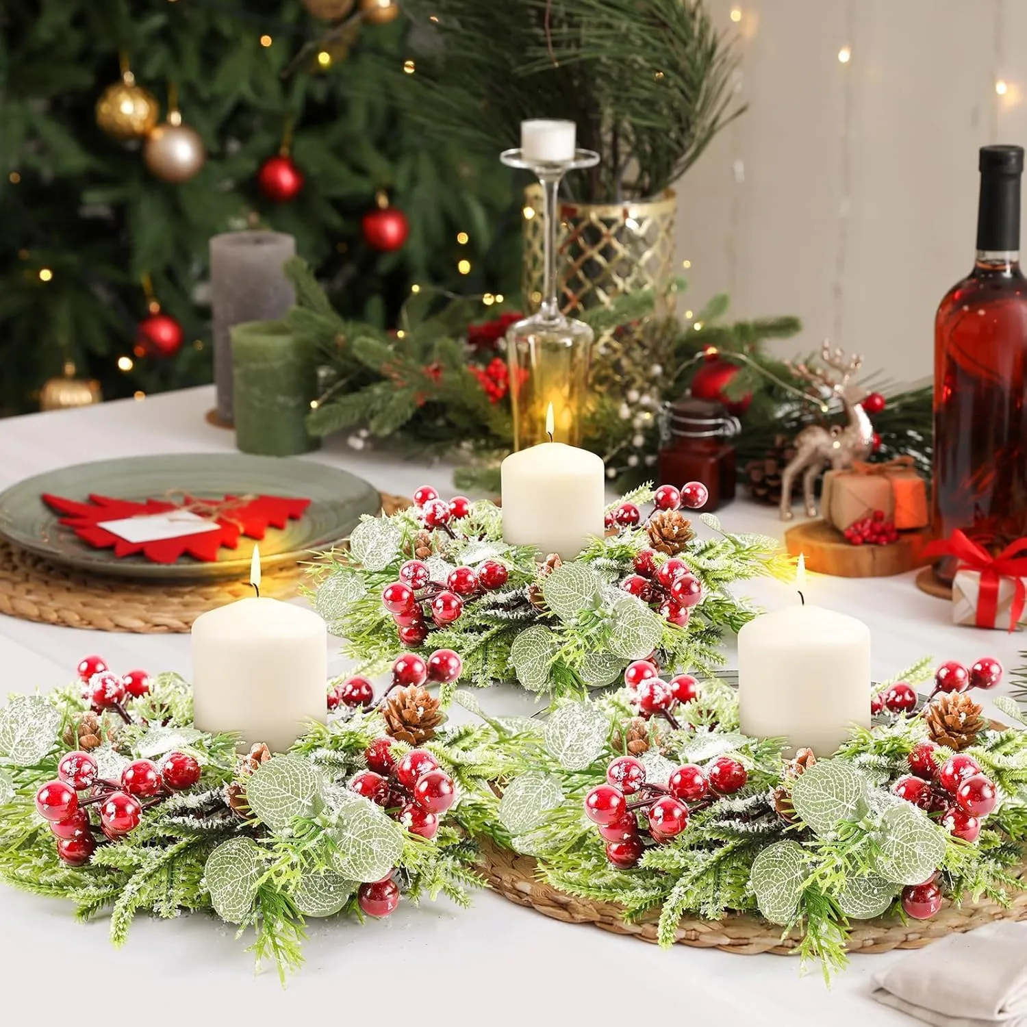 Christmas Wreath Set - Norfolk Pine Garland with Red Berry Ornament and Pinecones