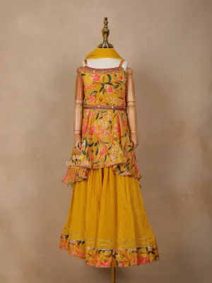 Chrome Yellow Georgette Lehenga Adorned with Floral Prints, Paired with Dupatta