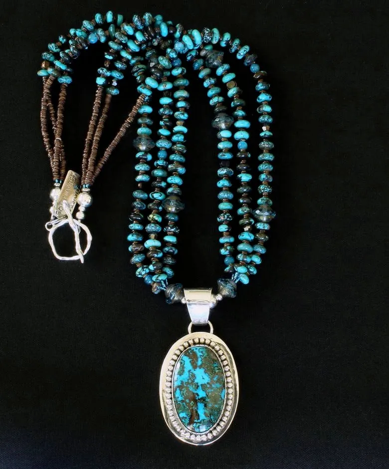 Chrysocolla-Malachite and Sterling Silver Pendant with 3 Strands of Turquoise Rondelles, Apatite Rounds, Czech Glass Saucers, Vintage Nailheads, Olive Shell Heishi, and a Sterling Silver Toggle Clasp