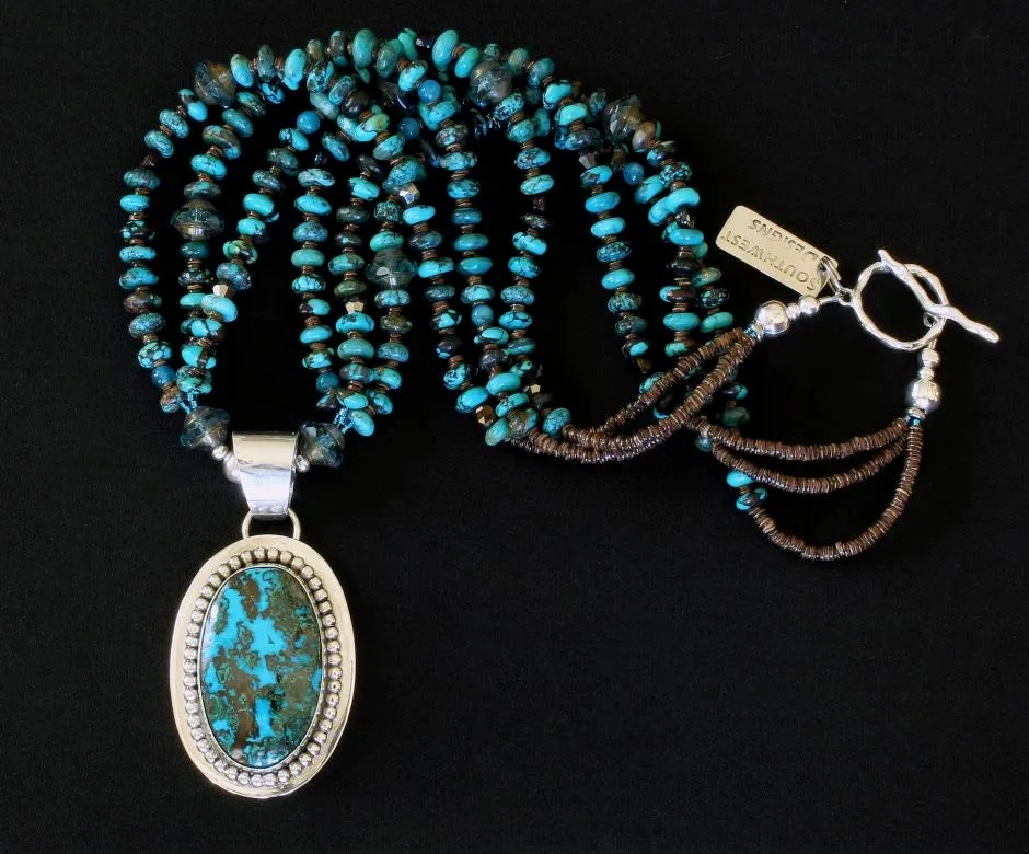 Chrysocolla-Malachite and Sterling Silver Pendant with 3 Strands of Turquoise Rondelles, Apatite Rounds, Czech Glass Saucers, Vintage Nailheads, Olive Shell Heishi, and a Sterling Silver Toggle Clasp