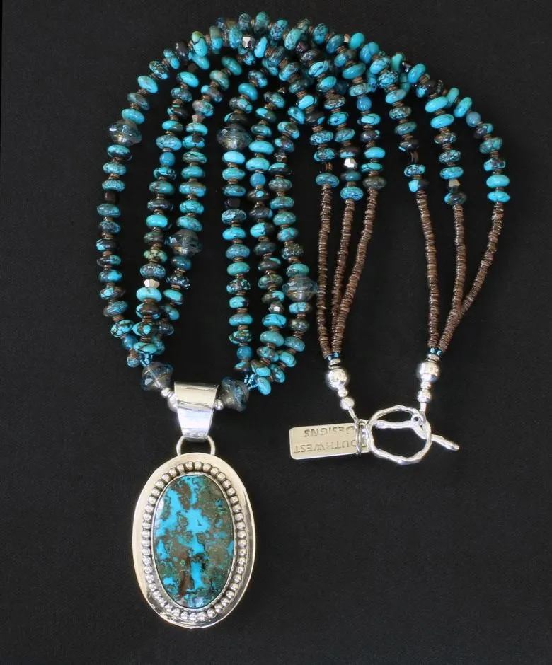 Chrysocolla-Malachite and Sterling Silver Pendant with 3 Strands of Turquoise Rondelles, Apatite Rounds, Czech Glass Saucers, Vintage Nailheads, Olive Shell Heishi, and a Sterling Silver Toggle Clasp