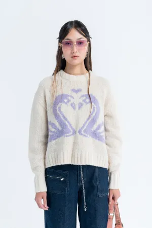 Chunky Standard Sweater in Cream W/ Purple Swan