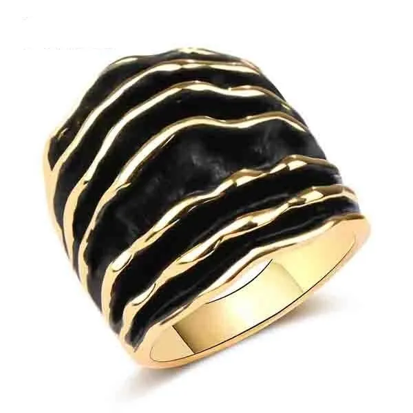 Chunky Stripes Enamel Wave Line Statement Ring For Women in Gold Color