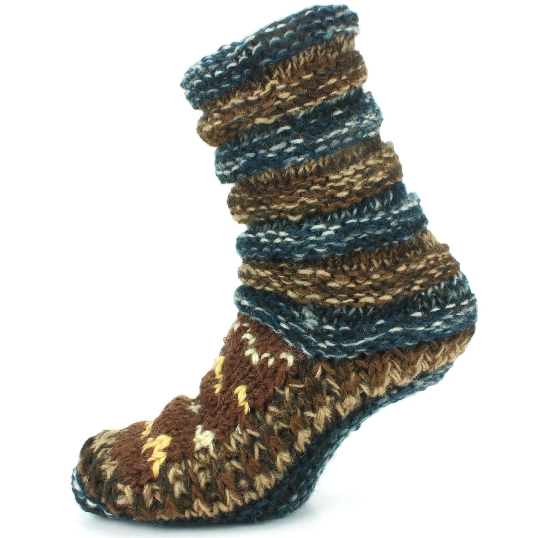 Chunky Wool Knit Abstract Pattern Slipper Socks - 17 Blue Brown