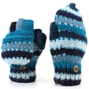 Chunky Wool Knit Fingerless Shooter Gloves - Stripe - Blue