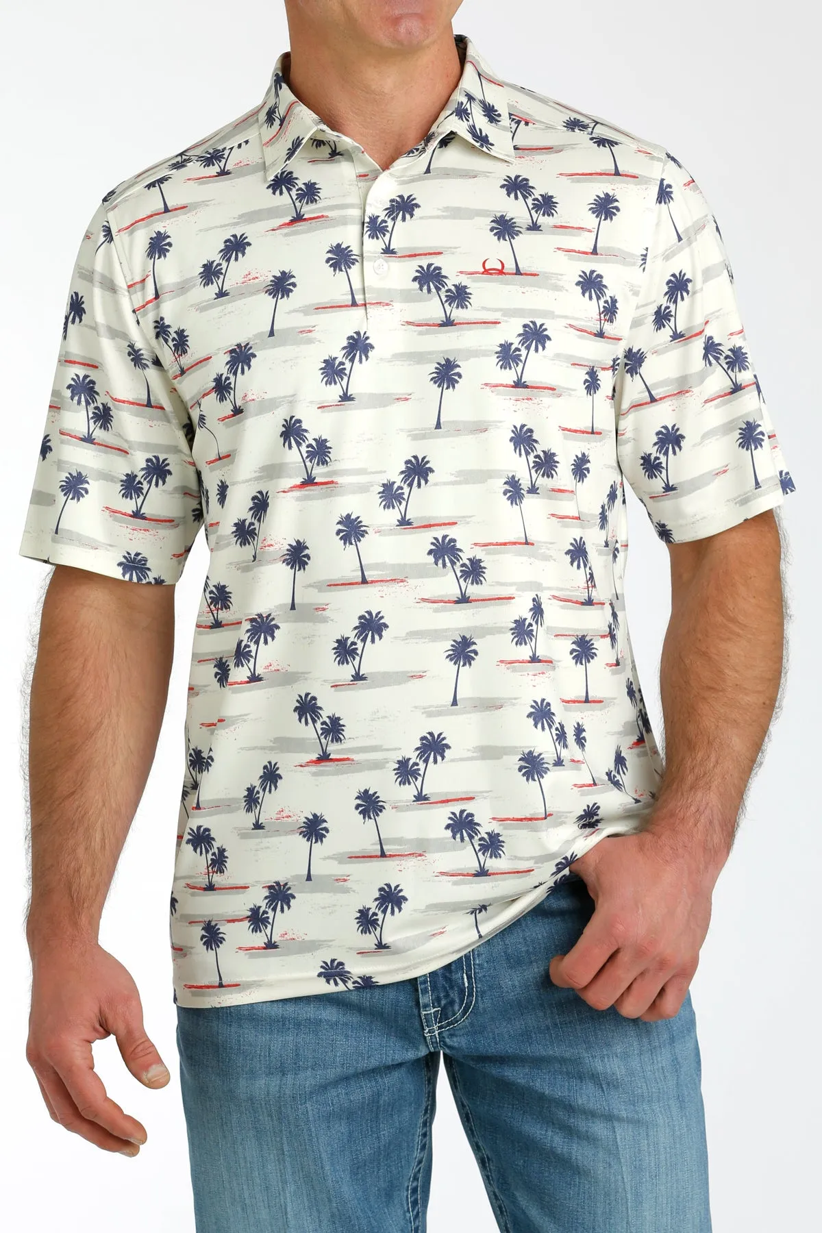 Cinch Men's Arenaflex Short Sleeve Palm Tree Polo in Cream