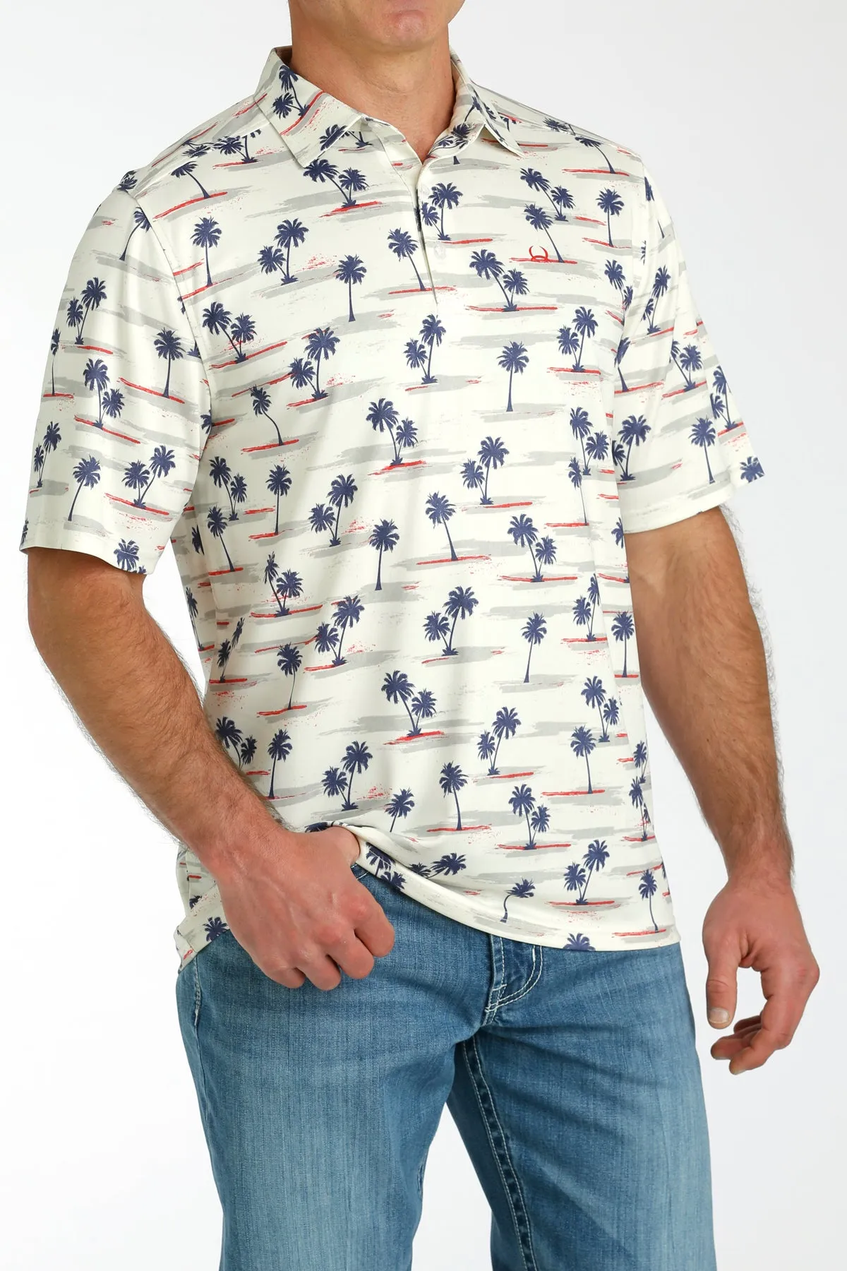 Cinch Men's Arenaflex Short Sleeve Palm Tree Polo in Cream