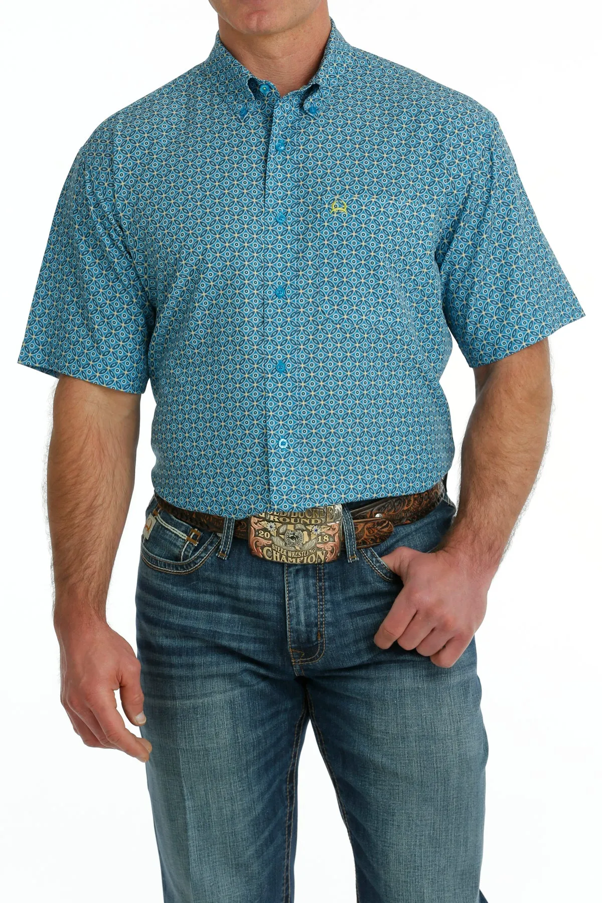 Cinch Men's Blue Geometric Print Short Sleeve Button-Down ArenaFlex Shirt