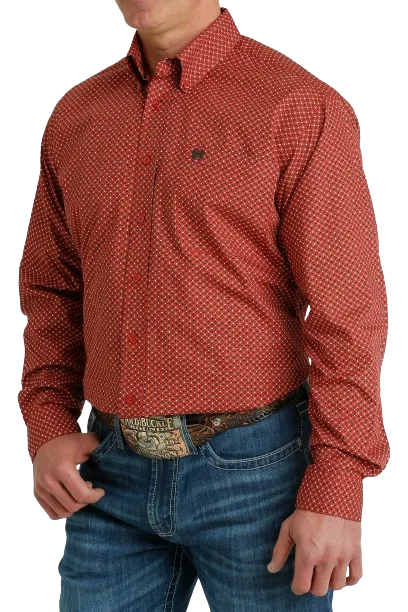 Cinch Men's Geometric Print Button Down Western Red Brown Shirt