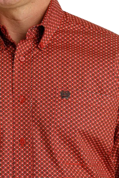 Cinch Men's Geometric Print Button Down Western Red Brown Shirt