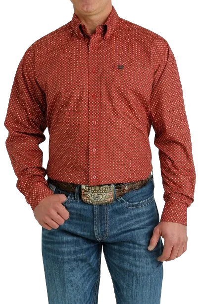 Cinch Men's Geometric Print Button Down Western Red Brown Shirt