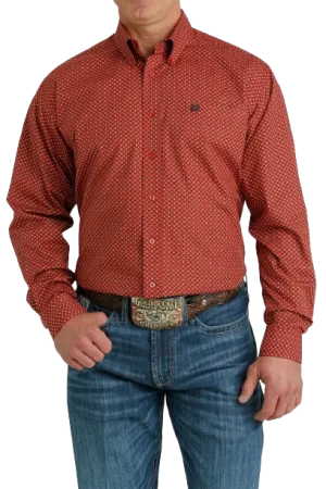 Cinch Men's Geometric Print Button Down Western Red Brown Shirt