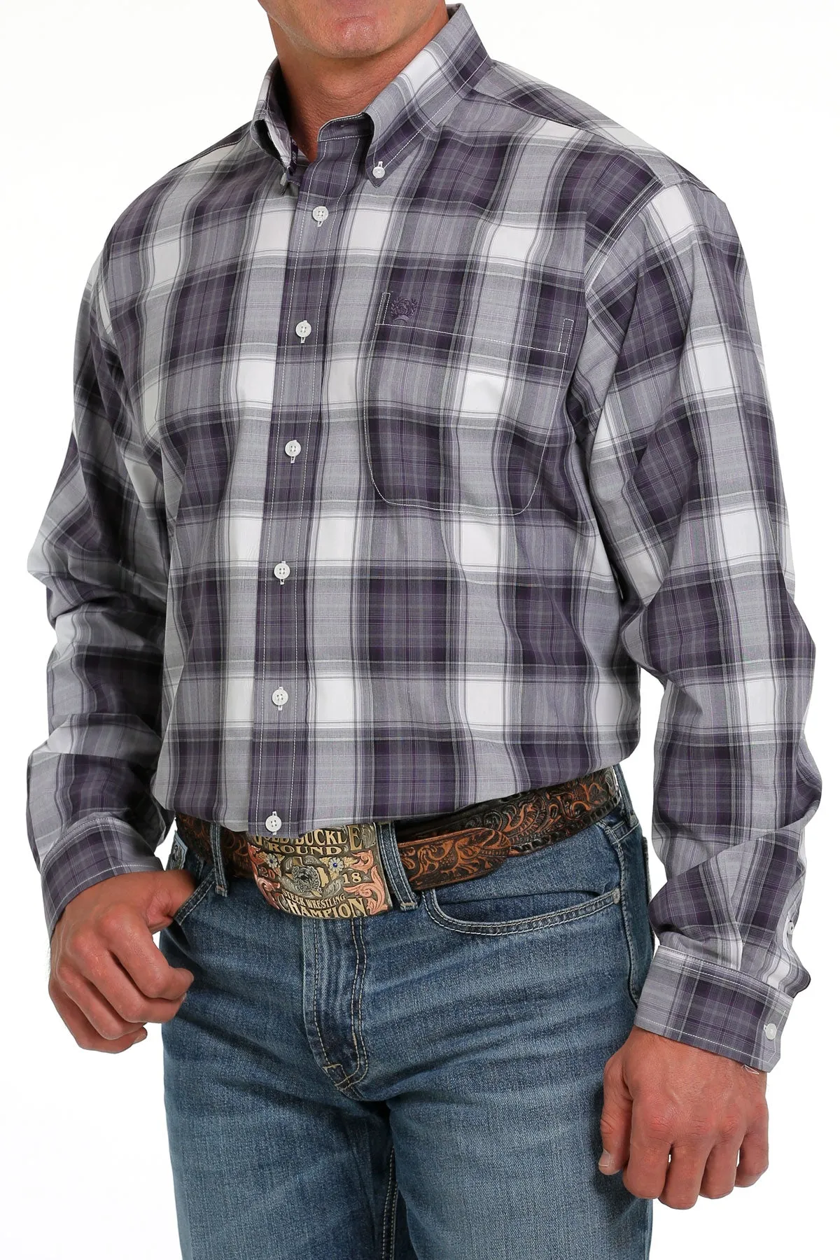 Cinch Men's  Plaid Button Down Western Shirt in Purple