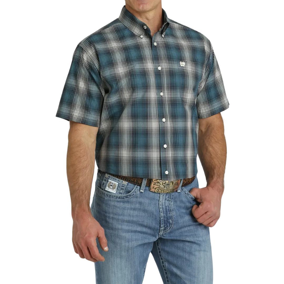 Cinch Men's Print Button Down Western Plaid White Navy Shirt