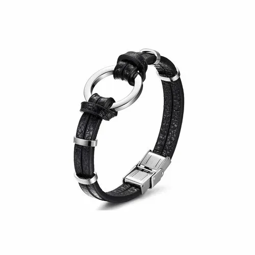 Circle Warp Leather Bracelet (Black/Silver)